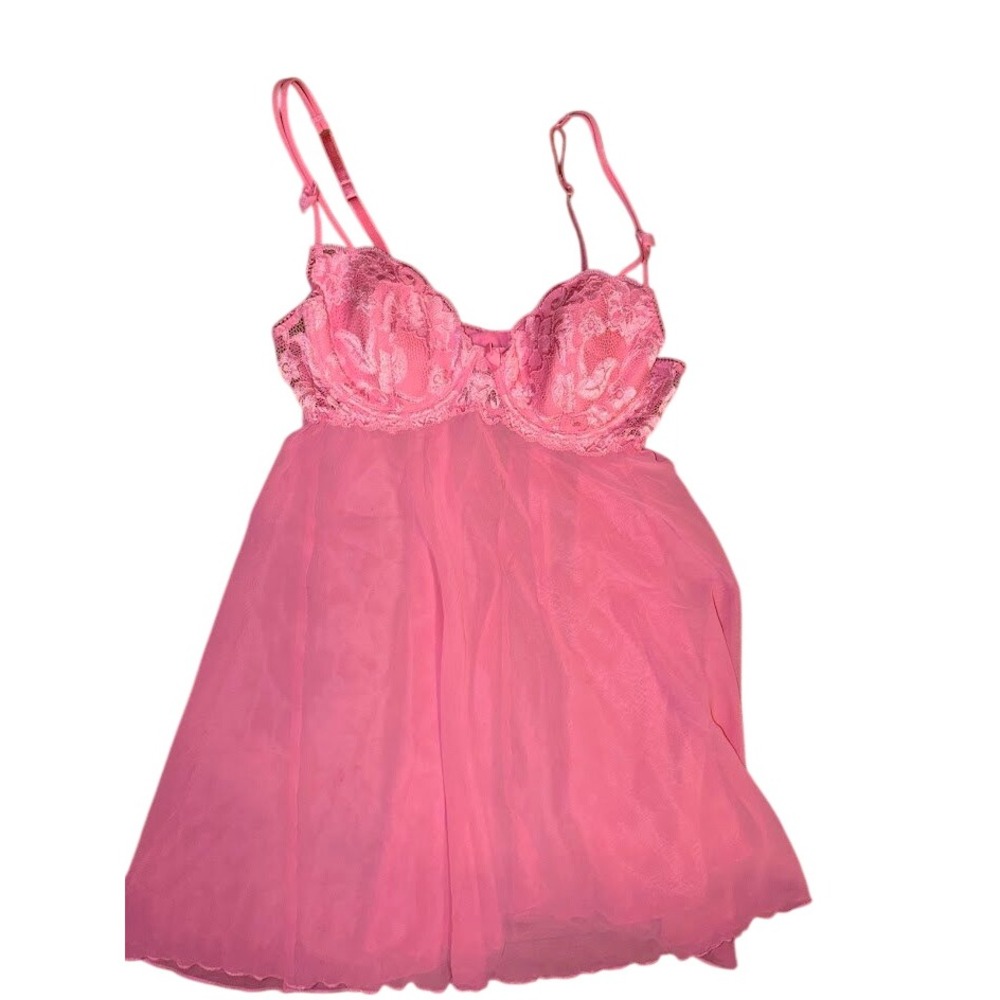 Victorias Secret Pink Lace Underwire Babydoll Chemise Lingerie 34B O0490